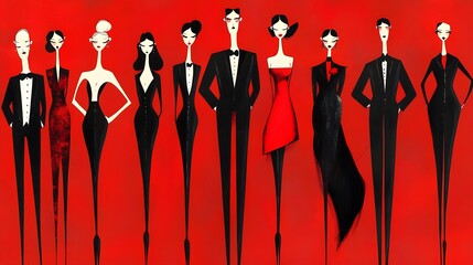 Fashion illustrations of elegant figures in formal wear.
