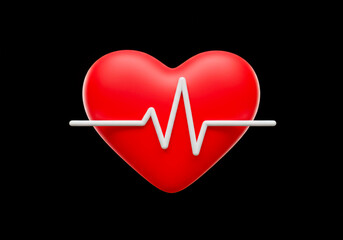 Vibrant 3D Red Heart with Dynamic White Pulse Line: A Symbol for Medical Healthcare, Cardiac Monitoring, and Holistic Well-being.