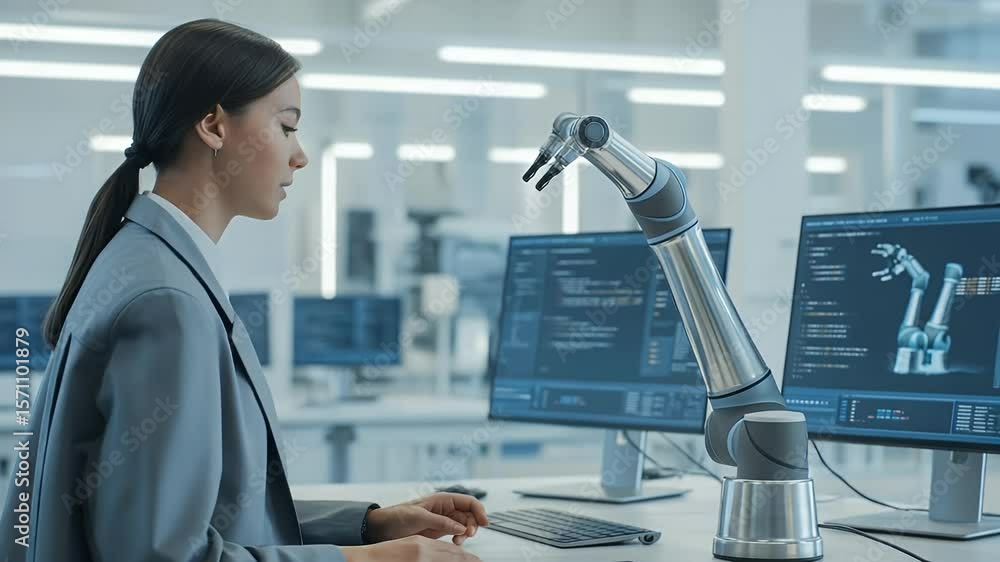 Poster tech innovator: a female engineer intently working on a robotics project, with the aid of advanced t