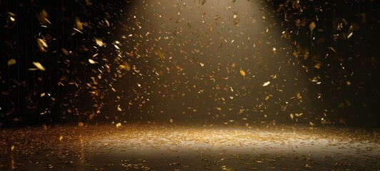 The shimmering gold confetti falling gracefully onto a stage with spotlight.