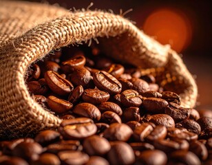 Roasted Coffee Beans In Burlap Bag