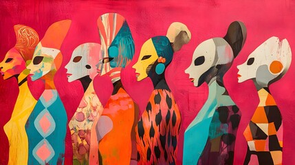 Colorful figures in profile, a vibrant display of stylized women.