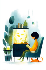 Illustration of a young woman reading a book while sitting in a cozy chair beside a fish tank, surrounded by plants and a playful cat, creating a serene atmosphere