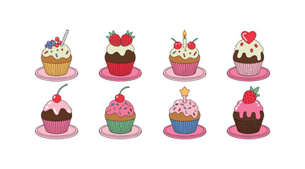 Naklejka premium Delicious sweet treats vector illustration featuring chocolate candy donut cupcake ice cream and cake