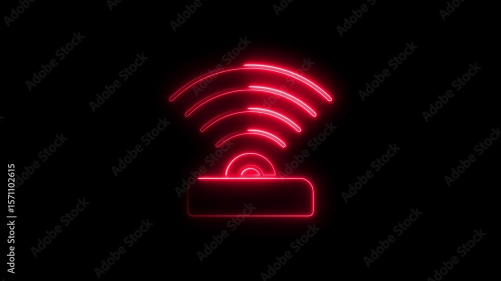 Poster glowing neon wifi symbol animation on black background providing wireless connection and data transf