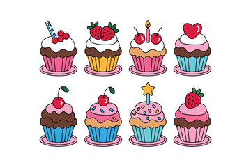 Delicious sweet treats vector illustration featuring chocolate candy donut cupcake ice cream and cake