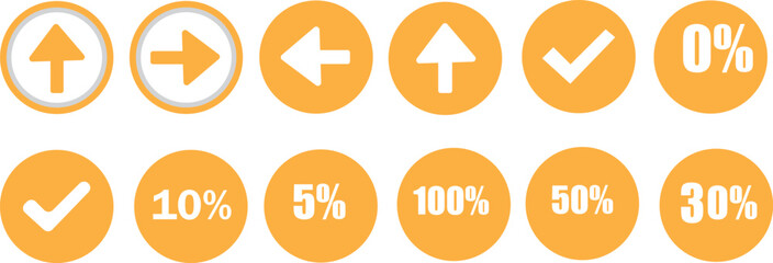 Collection of orange circular icons featuring arrows checkmarks and percentage values