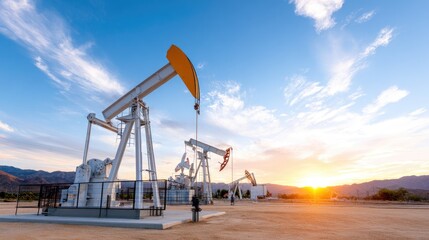 Pumpjacks at Sunset in Oil Field under Vibrant Cloudy Sky