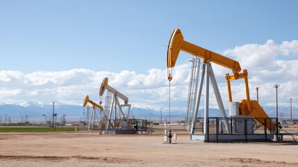 Fototapeta premium Oil Pump Jacks in an Open Field Against a Blue Sky with Clouds