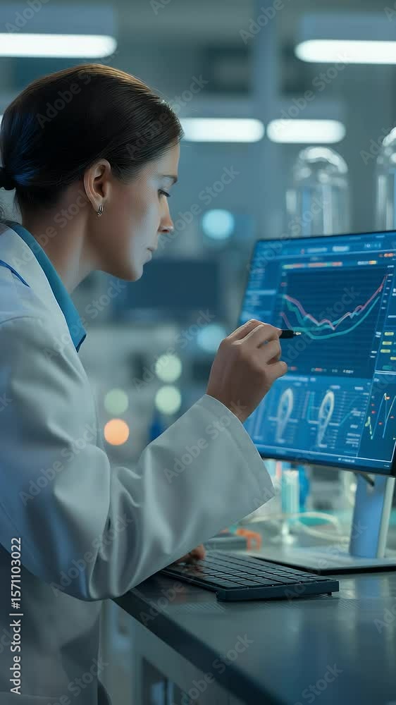 Poster scientist analyzing data: a focused scientist in a high-tech laboratory meticulously studies a compl