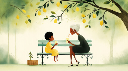 Grandmother and granddaughter enjoying refreshing drinks on a park bench under a leafy tree, capturing a moment of connection and joy in a serene environment