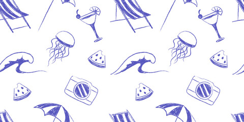 Hand drawn summer seamless pattern with camera, jellyfish, waves and watermelon slices on white background. Fun and relaxing design for textiles, wrapping paper, or stationery
