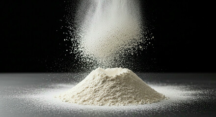 A beautiful pile of sifted white flour on a dark background, ready for use in a recipe
