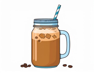 Digital Illustration Of Iced Coffee In Glass Jar With Straw