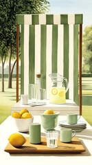 Refreshing summer beverage setup featuring a pitcher of lemonade, fresh lemons, and elegant glassware on a table under a striped canopy in a sunny garden