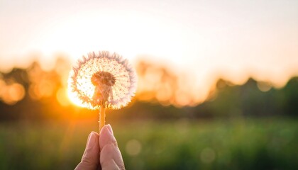Hand holding dandelion seed head at sunset