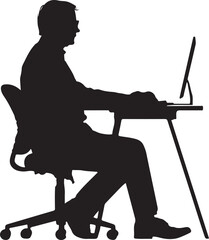 Person Sitting at Desk Working on Computer Silhouette Vector Illustration on Transparent Background