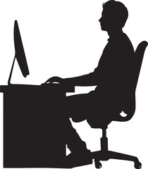 Person Sitting at Desk Working on Computer Silhouette Vector Illustration on Transparent Background