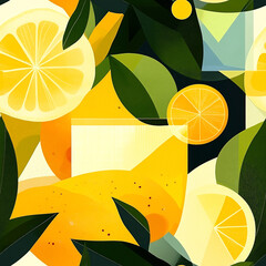 Seamless pattern featuring vibrant lemons, green leaves, and refreshing lemonade glasses, creating a cheerful and summery design for various applications