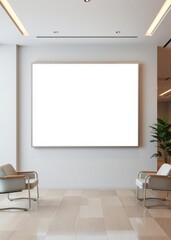 Square white screen advertising brand billboard poster logo mockup on modern office interior blank empty frame canvas on wall Empty room interior design architecture blank design room