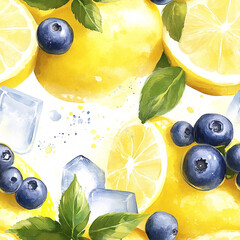 Vibrant seamless pattern featuring fresh lemons, blueberries, and mint leaves with ice cubes, creating a refreshing summer vibe for design projects