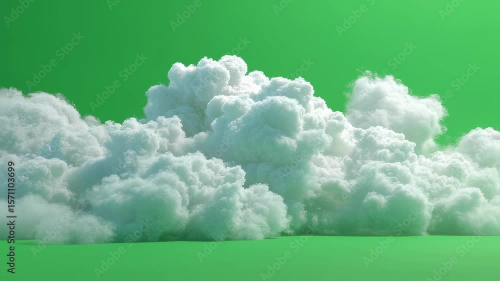 Poster fluffy white clouds are gently drifting across a vibrant green screen, creating a dynamic and versat