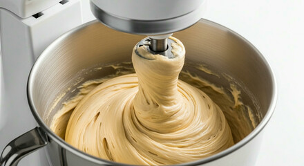 An electric stand mixer whipping cream or batter in a stainless steel bowl in a professional kitchen