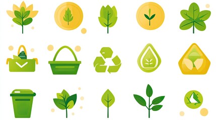 Eco-Friendly Icons: Leaves, Recycling, and Baskets in a Flat Design Style