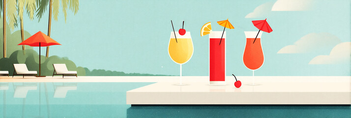 Colorful tropical cocktails on a poolside bar with vibrant umbrellas, surrounded by palm trees and lounge chairs, creating a relaxing summer atmosphere