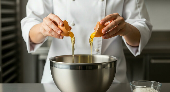 A chef cracking a fresh egg into a stainless steel bowl with other ingredients for baking
