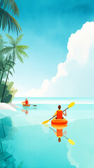 Two individuals kayaking in serene tropical waters, surrounded by lush greenery and bright blue skies, capturing the essence of adventure and relaxation in nature