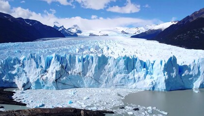 A vast, blue glacier meets a lake, surrounded by mountains