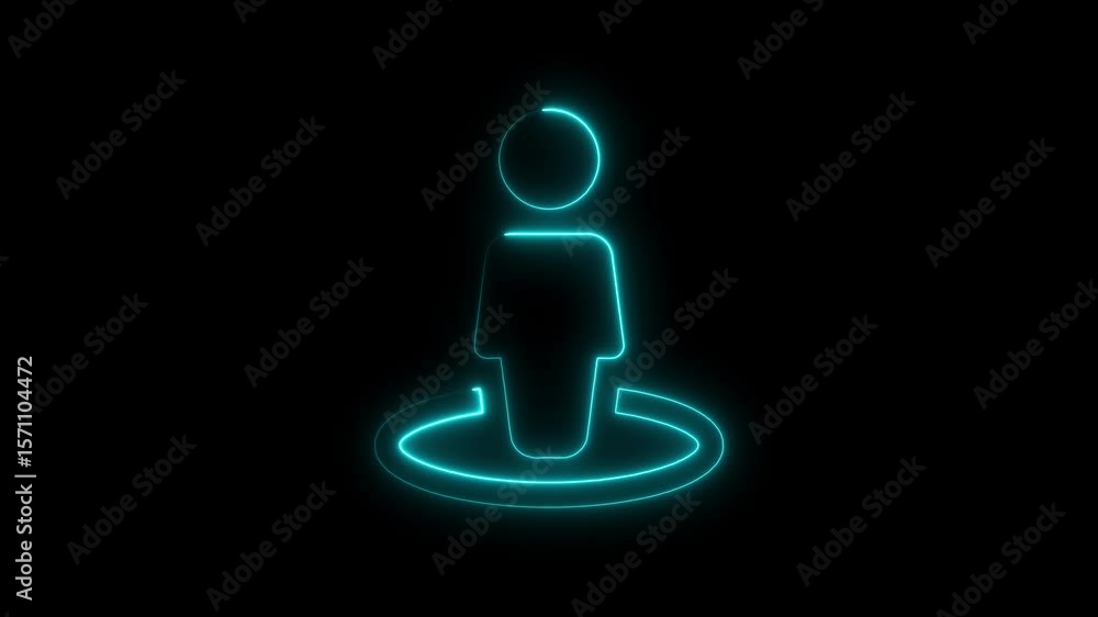 Poster glowing neon location pin icon on black background for navigation or user identification