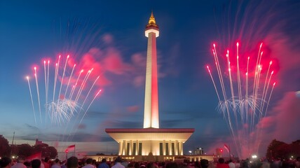 Obraz premium National Monument (Monas) in Jakarta during an Independence Day night celebration, with fireworks in the sky.