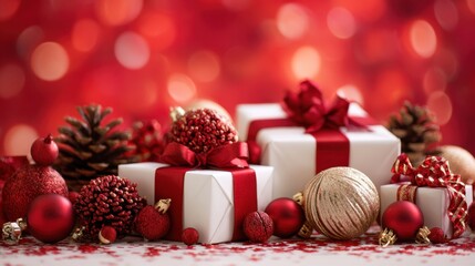 The beautiful arrangement of Christmas gifts and ornaments for the holiday season.