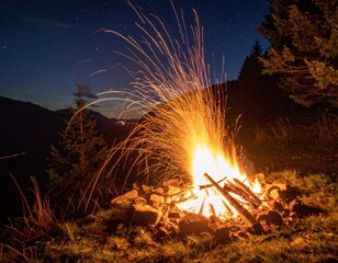 Campfire At Night Under Starry Mountain Sky