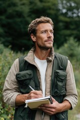 Thoughtful man in nature, jotting notes, exuding curiosity and p