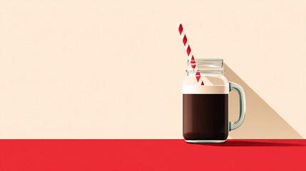 Glass jar filled with dark beverage topped with cream and a red striped straw, placed on a vibrant red surface against a soft beige background, showcasing a refreshing drink