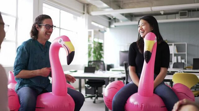 Coworkers holding a meeting while floating on inflatable flamingos inside a bright office