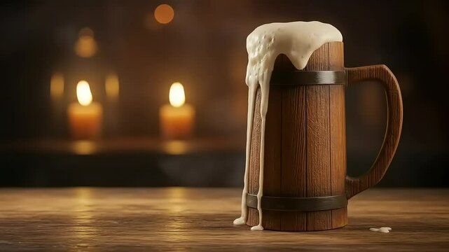 Frothy Beer in Wooden Mug with Candlelight.