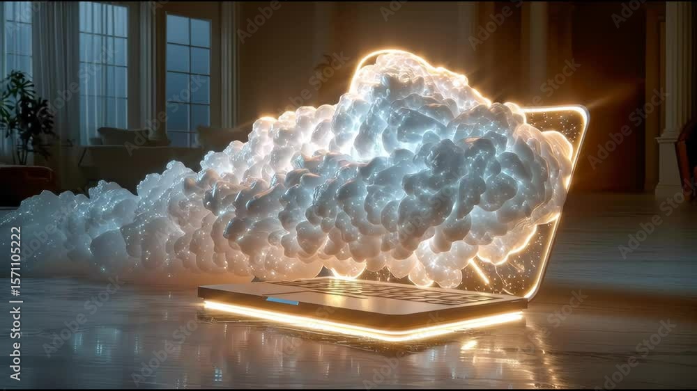 Poster a glowing, futuristic cloud made of light and wireframe lines rises from an open laptop, symbolizing
