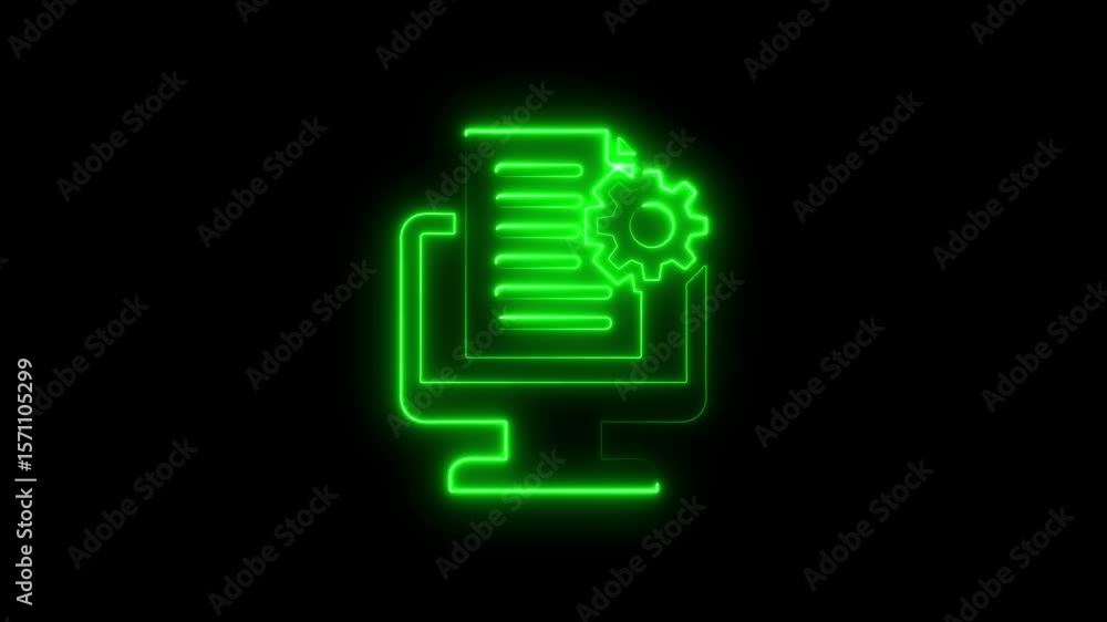 Poster green neon computer icon with gear symbol indicating technical configuration and processing