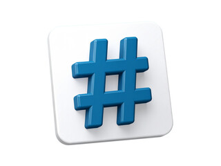 Obraz premium A 3D blue hashtag symbol on a white rounded square background, commonly used for social media, tags, and digital communication icons.