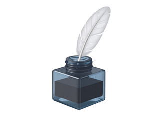 A stylized illustration of a quill pen dipped in an inkwell.