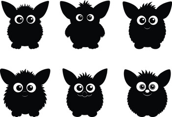 90s electronic toy set - 6 retro furry creature silhouettes, EPS JPEG PNG