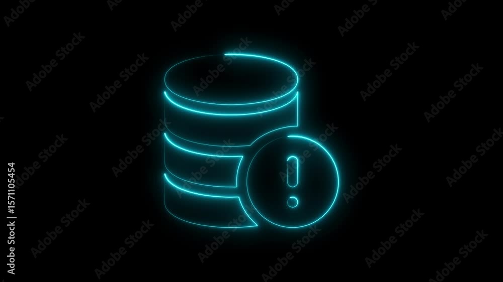 Poster animated neon database alert symbol illustration on black background for data security and error mes