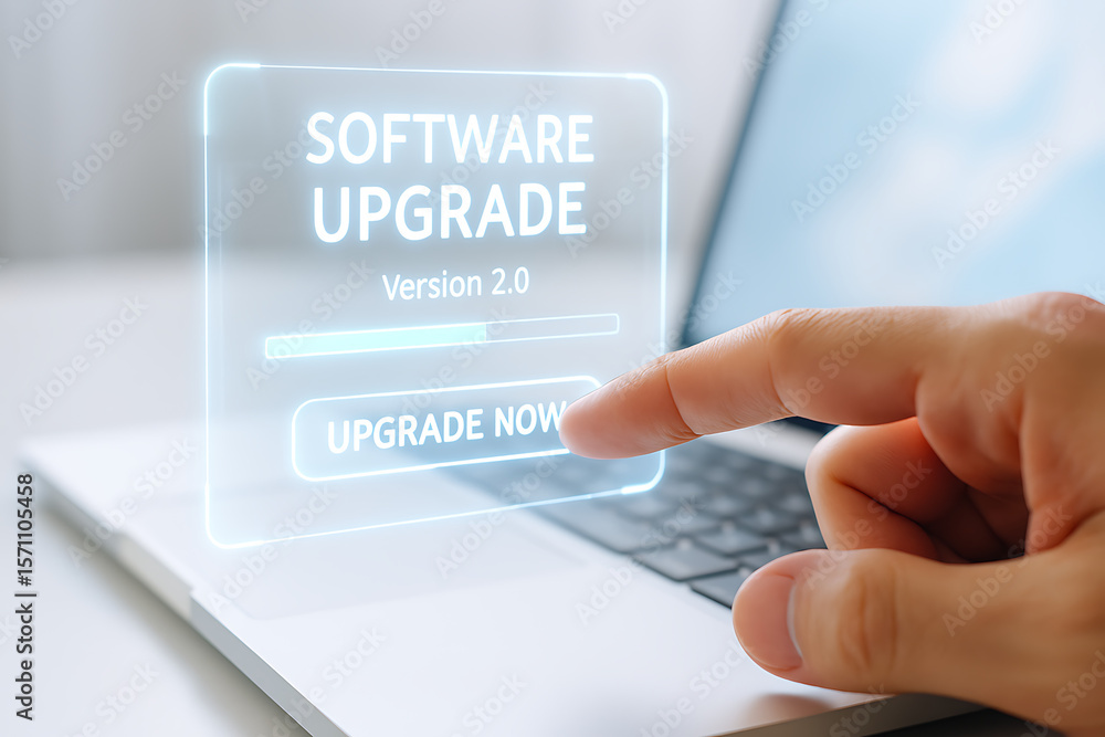 Poster software upgrade installation process on laptop with finger pressing upgrade now button update 2.0