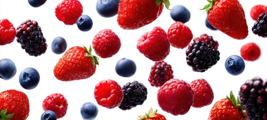 The vibrant assortment of fresh berries floating in space.