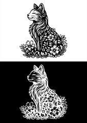 Floral Cat Silhouette – Elegant Black and White Line Art