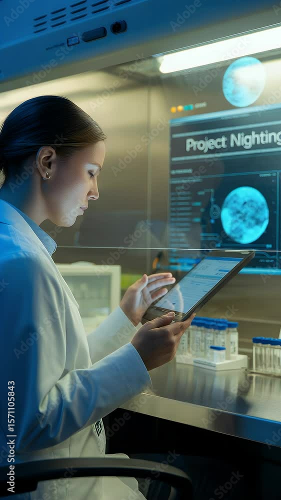 Poster scientist working on project nightingale: a dedicated scientist, engrossed in cutting-edge research,